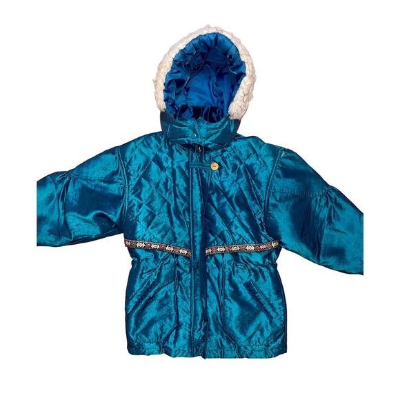 Girls Vintage Blue/Green Puffy Coat with Furry Hood and Decorative Trim - Picture 1 of 8